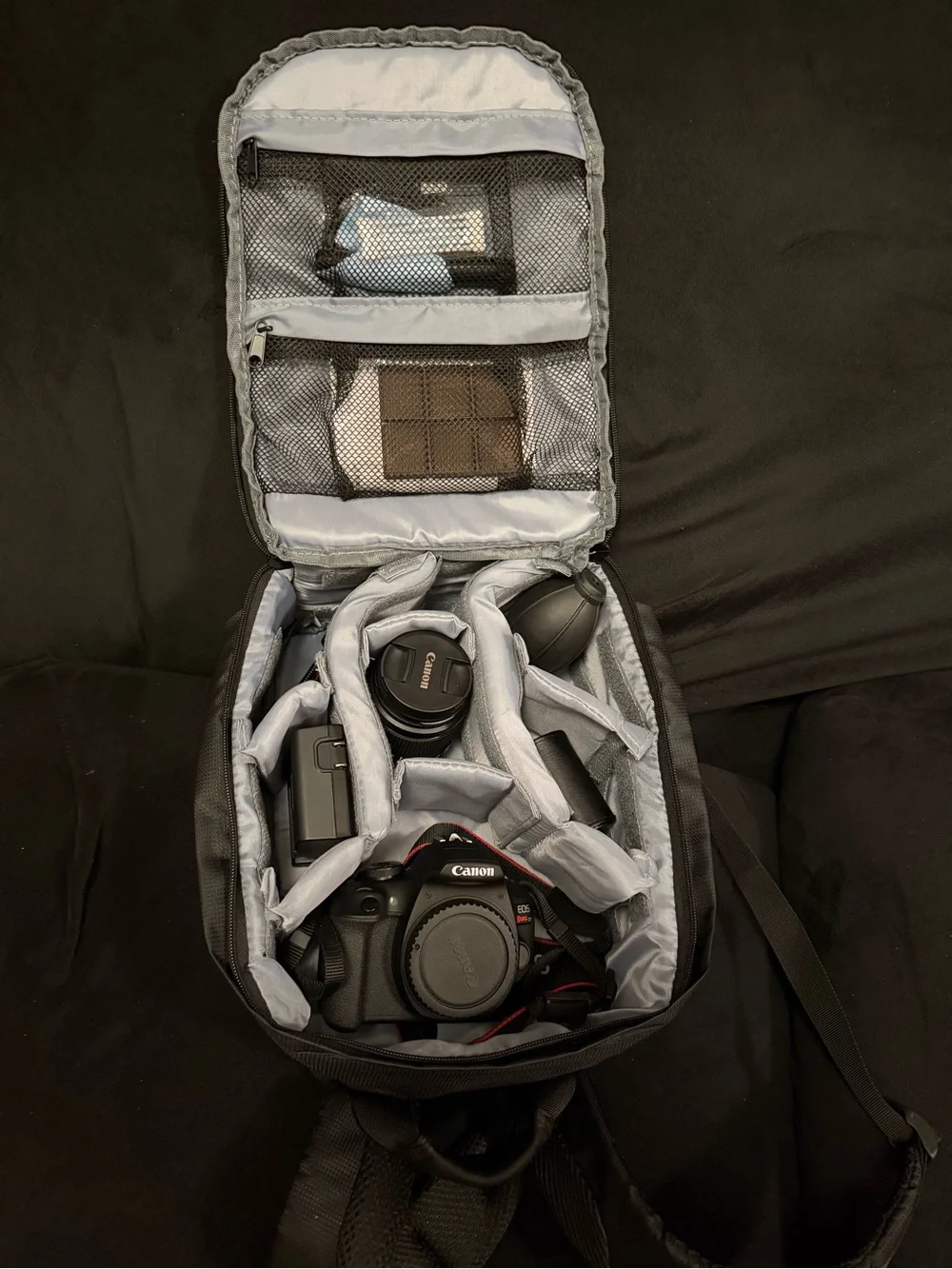 Canon rebel t7 Camera Kit Bag with Black Camera Body and Accessories